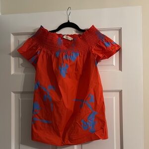 NWOT Tory Burch Redish Orange Top with Blue Accents